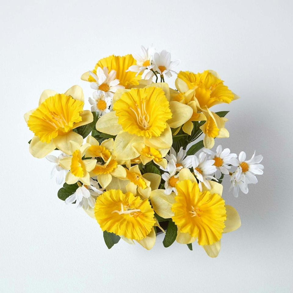 image 1 of Homescapes Set of 2 Yellow & Orange Narcissus & Daisy Artificial Flowers in Grave Vases