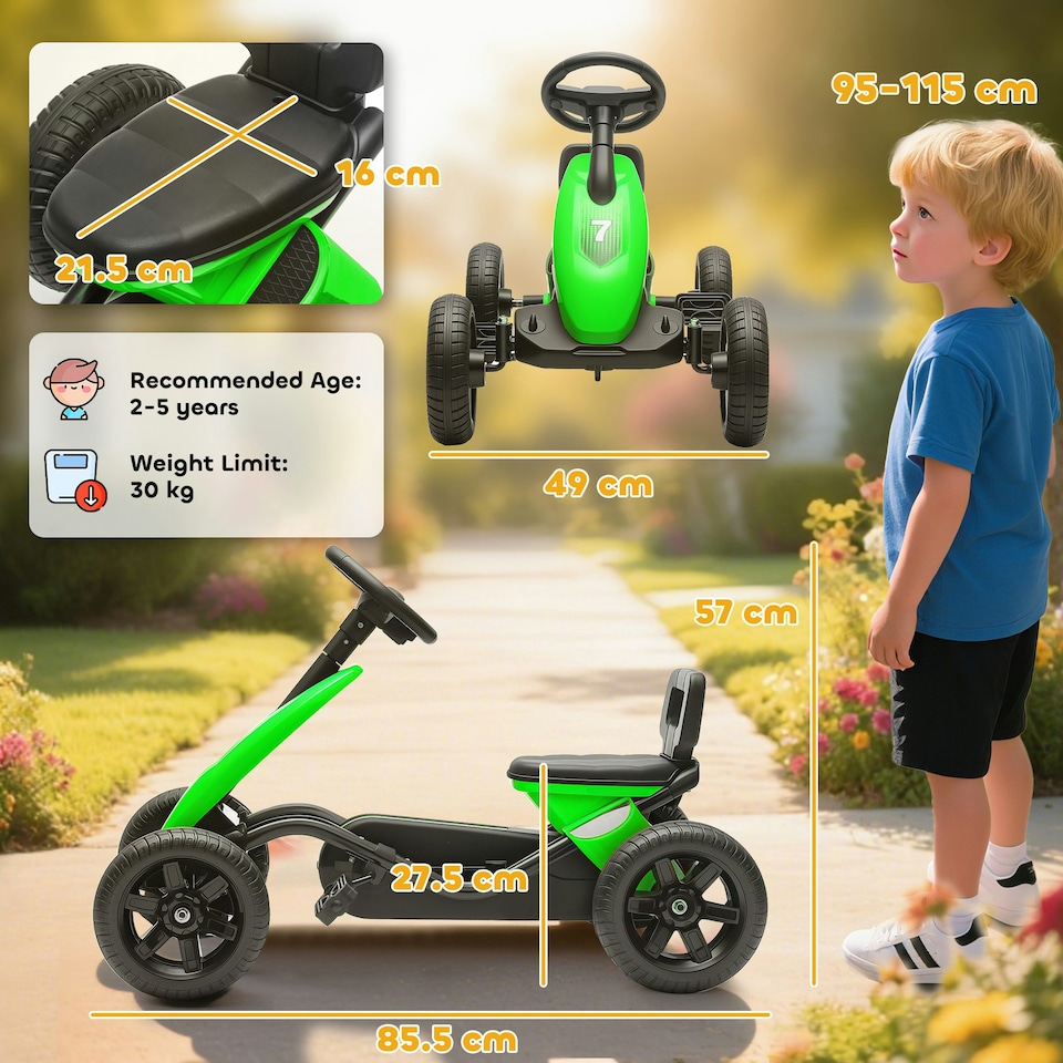 image 1 of AIYAPLAY Pedal Go-Kart for Kids with Silent EVA Wheels, Metal Frame, Green