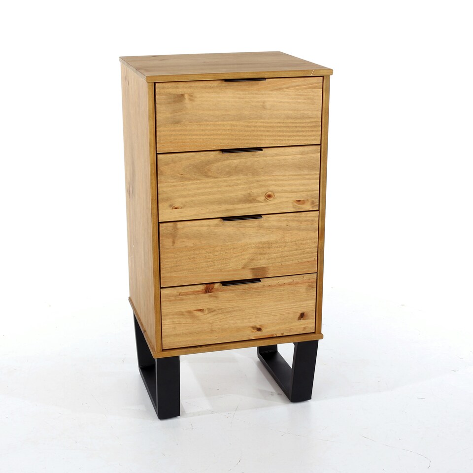 image 1 of Texas 4 Drawer Narrow Chest of Drawers - Industrial Style Pine Bedroom Storage Cabinet with Metal Legs | Brown | Brown | 1