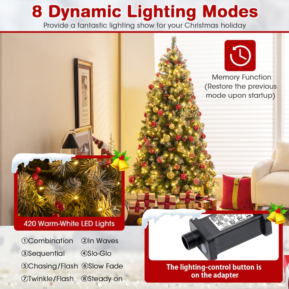 image 1 of COSTWAY 6.5FT Pre-lit Christmas Tree Artificial Hinged Xmas Tree with 909 Branch Tips