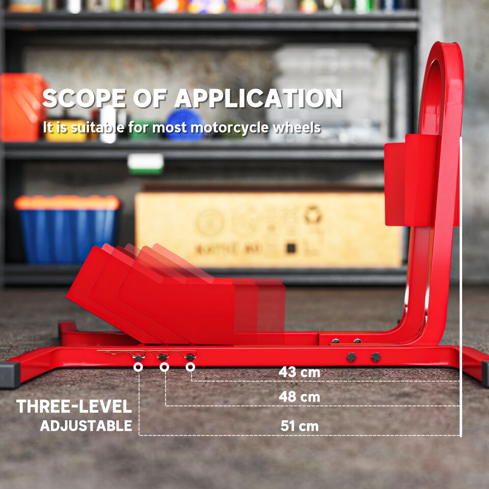 image 1 of HOMCOM Adjustable Motorcycle Wheel Chock Motorbike Holder with Metal Frame | Red | Red | 60cmx55cmx43cm