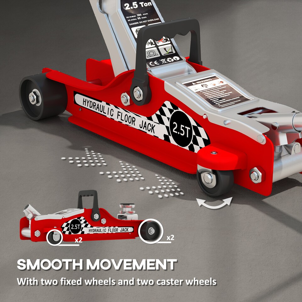 image 1 of HOMCOM Hydraulic Low Profile Floor Jack, 2.5 Tonne Heavy Duty Steel Trolley Car Jack Lift with 80-360 mm Lifting Range, Wheels, Top Handle, Red