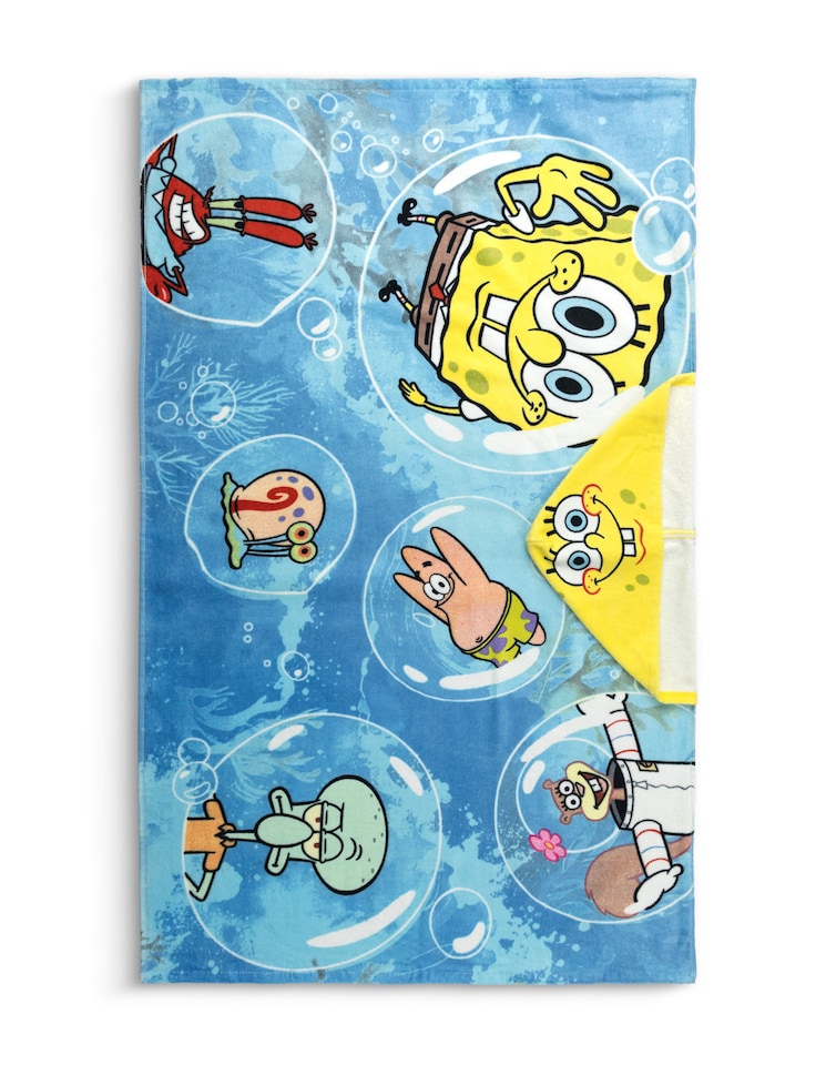 image 1 of SpongeBob SquarePants Boys Yellow & Blue Hooded Poncho Towel | Multi Character Graphic Print | Patrick Star Squidward Mr Krabs | Poolside Beachwear Towel | SpongeBob Merch