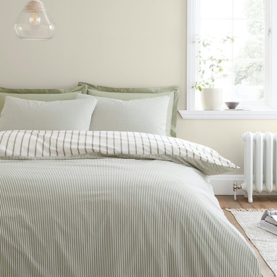 image 1 of Bianca Hampton Stripe 200 Thread Count Cotton Reversible Duvet Cover Set Green Green | Double