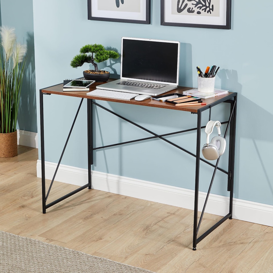 image 1 of Folding Compact Desk Storage Hook Wood Metal Office Computer Table Workstation | Brown