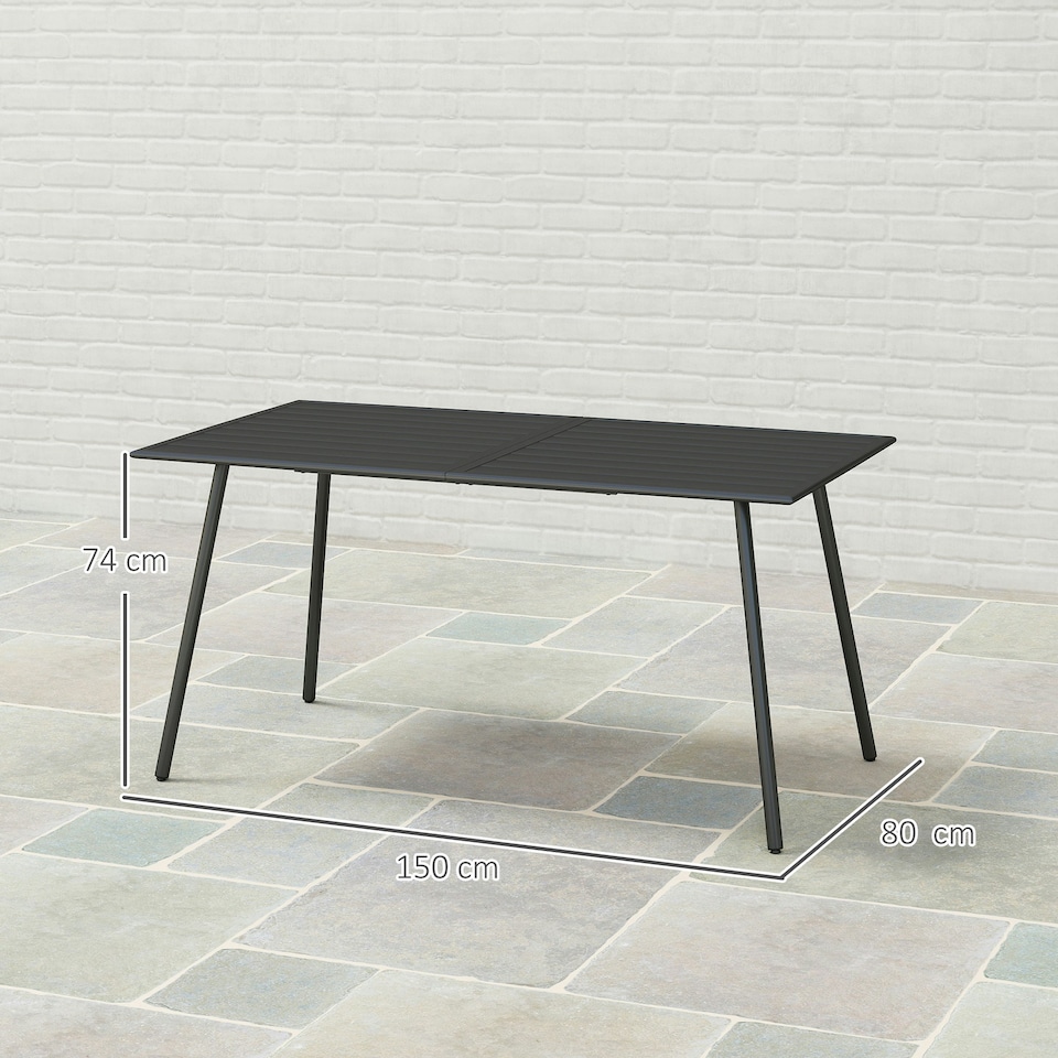 image 1 of Outsunny Garden Table for 6 Person with Slat Top, Steel Frame, Black Black | 150L x 80W x 74Hcm