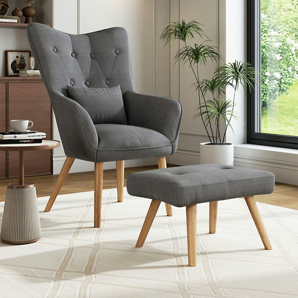 image 1 of Living and Home Classic Linen Oak Wood Legs Leisure Armchair with Cushion and Footstool - Dark Grey 60*50*100cm Grey