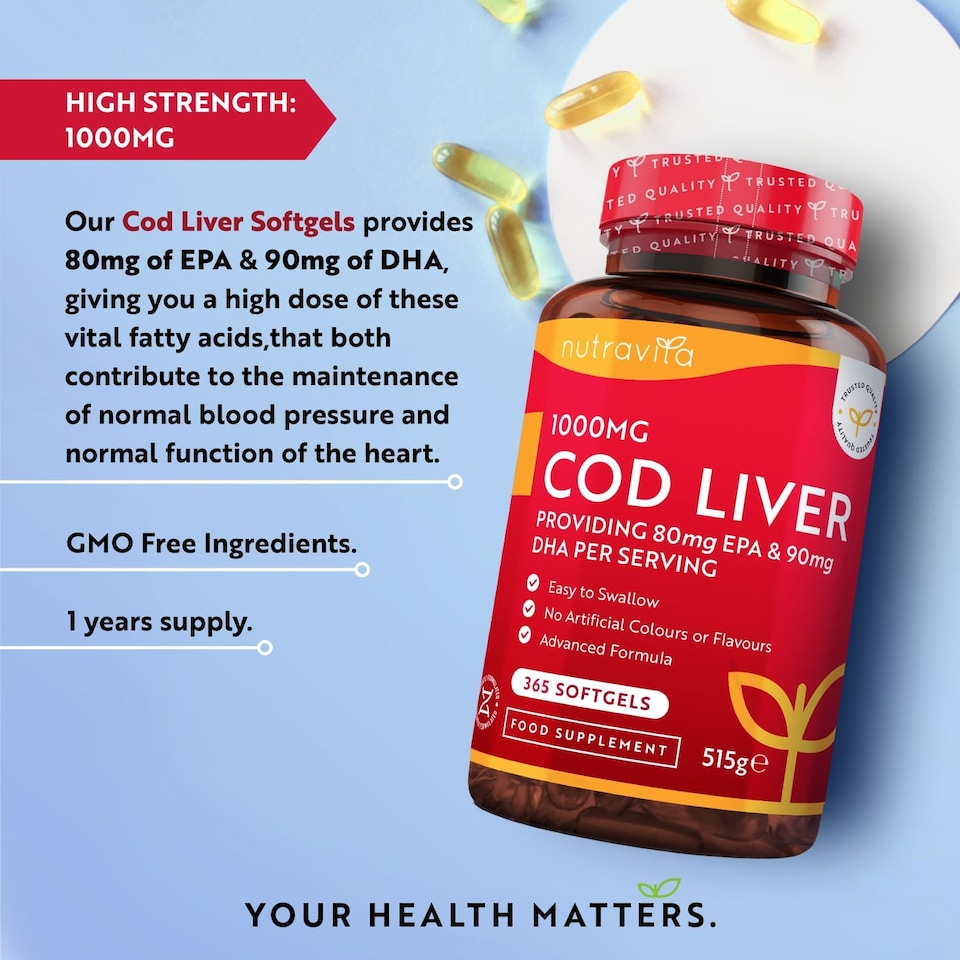 image 1 of Nutravita Cod Liver Oil 1000mg - Omega 3, Vitamins A, D, E & Garlic Oil - Supports Heart & Brain Health - 365 Fish Oil Softgels - Made in The UK