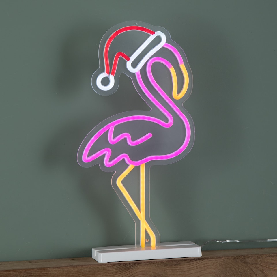 image 1 of 43cm Light up Neon Effect Flamingo with Santa Hat on Base with Multi-Coloured LEDs