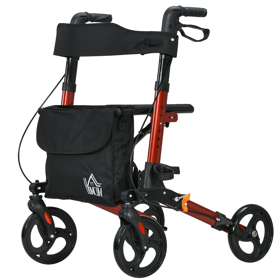 image 1 of HOMCOM 4 Wheel Rollator Walker, Adjustable Mobility Walker with Bag, Red