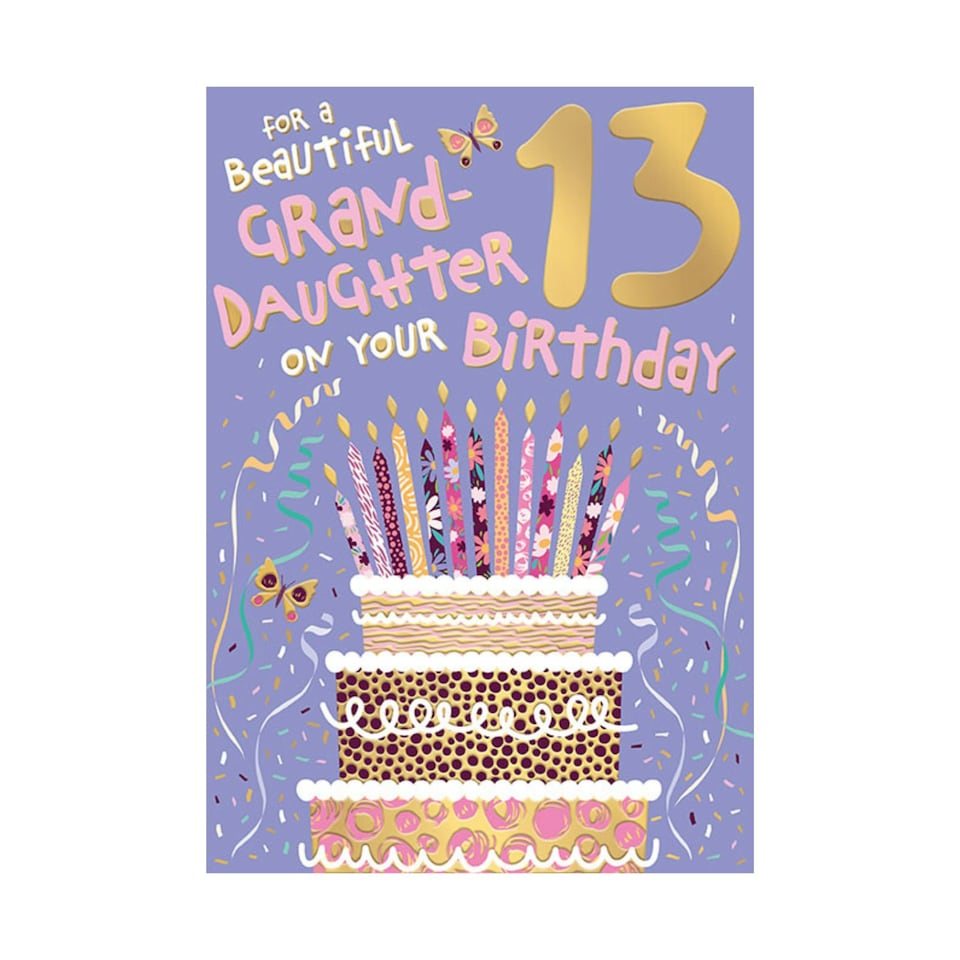 image 1 of Words 'n' Wishes 13th Birthday Card for Grandaughter, Patterned & Foiled Letters With Birthday Cake, Multicoloured, 23.5 x 16.5 cms