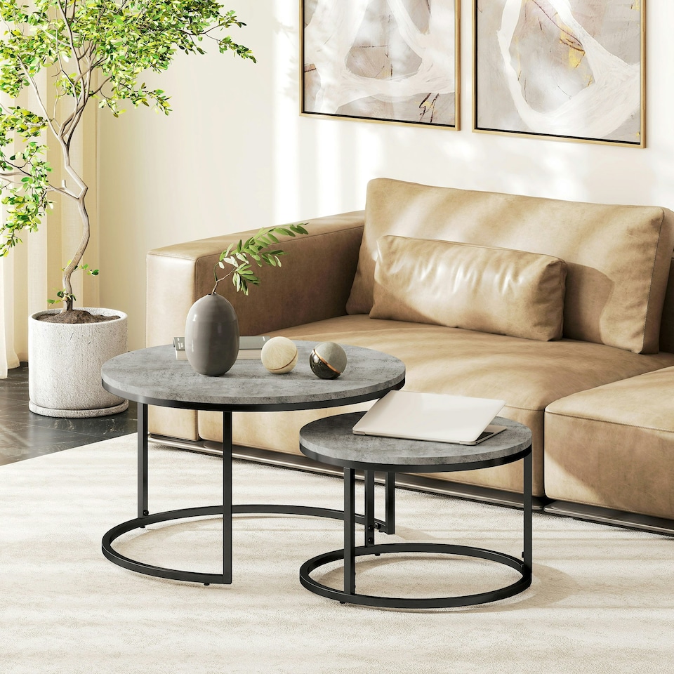 image 1 of HOMCOM 2 Pcs Stacking Coffee Table Set Steel Frame Marble-Effect Top Foot Pads | Grey | 78.5x78.5x46.5