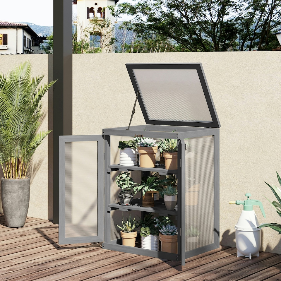 image 1 of Outsunny 3-tier Wood Greenhouse Plant Storage Shelf Garden Cold Frame