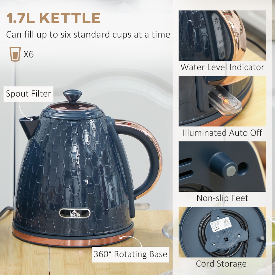 image 1 of HOMCOM Kettle and Toaster Set, 1.7L 3000W Fast Boil Jug Kettle with Auto Shut Off, 2 Slice Toaster with 7 Level Browning Controls & Crumb Tray, UK Otter Thermostat, Blue
