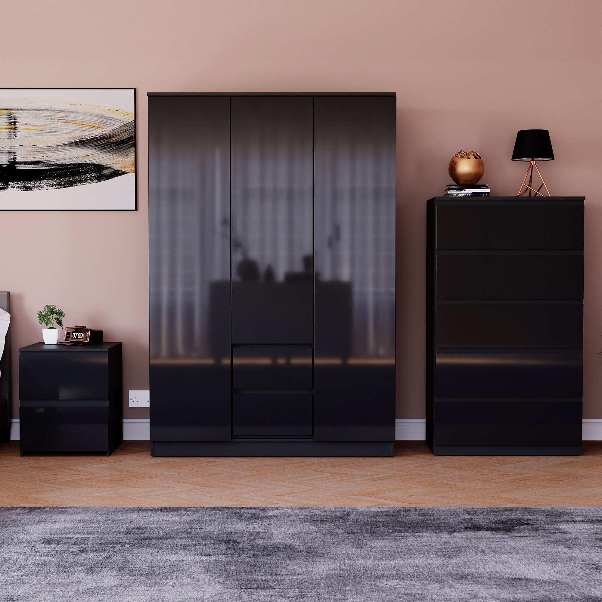 Vida Designs Glinton 3 Piece FSC Certified Bedroom Set (2 Drawer Bedside Chest, 5 Drawer Chest, 3 Door 2 Drawer Wardrobe), Black Black Black L 3