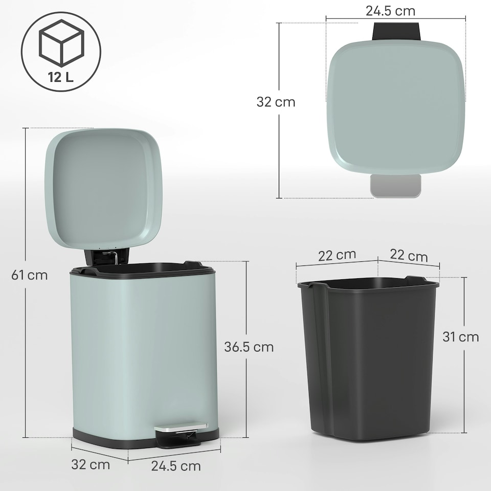 image 1 of HOMCOM 12L Kitchen Pedal Bin, Metal Rubbish Bin with Soft-close Lid Green | Light Green | 12L