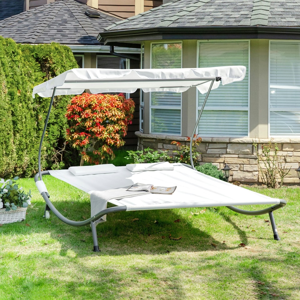 image 1 of Outsunny Garden Double Hammock Sun Lounger Day Bed Canopy 2 Pillows w/ Stand New