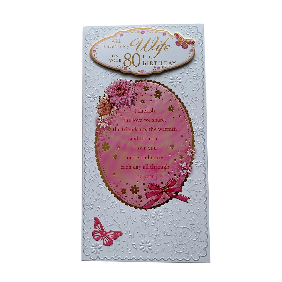 image 1 of With Love To My Wife On Your 80th Birthday Flowers and Butterflies Design Soft Whispers Card