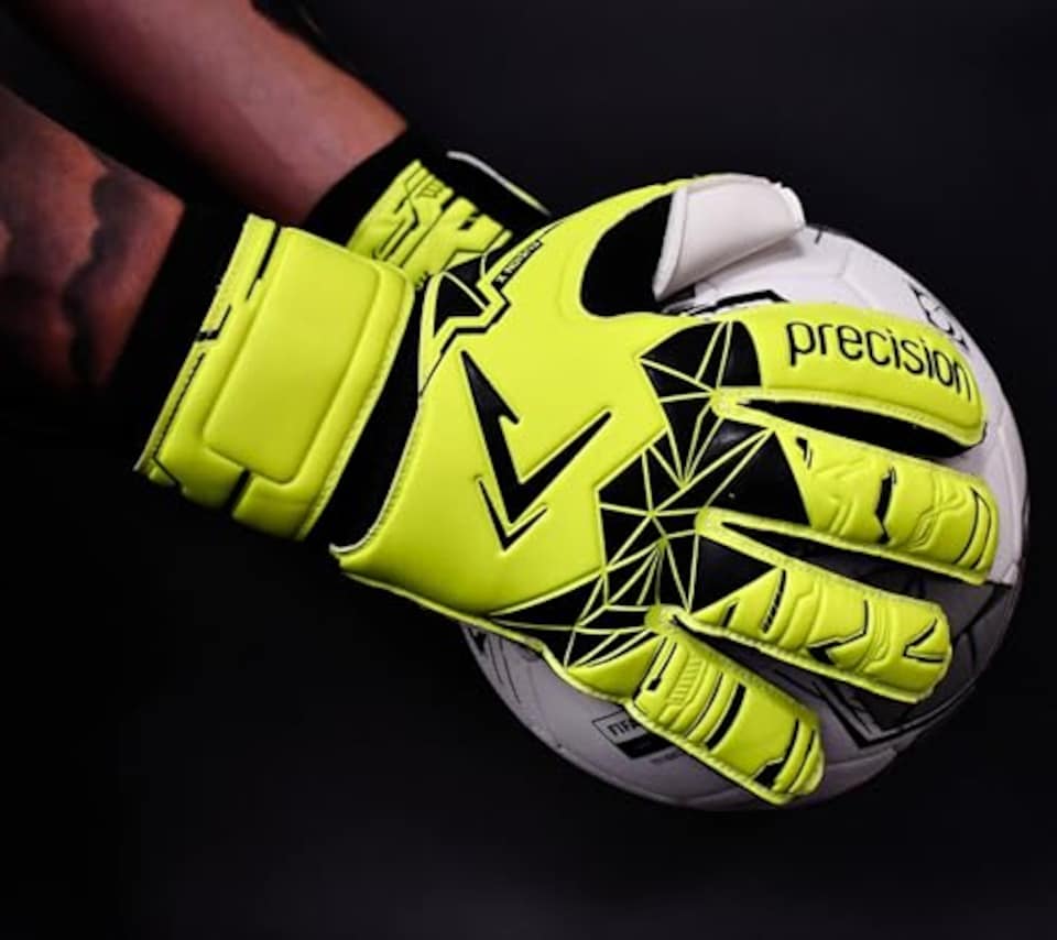 image 1 of Precision Training Fusion X Flat Cut Essential Football Kid's Goalkeeper Gloves, Fluo Yellow, 5