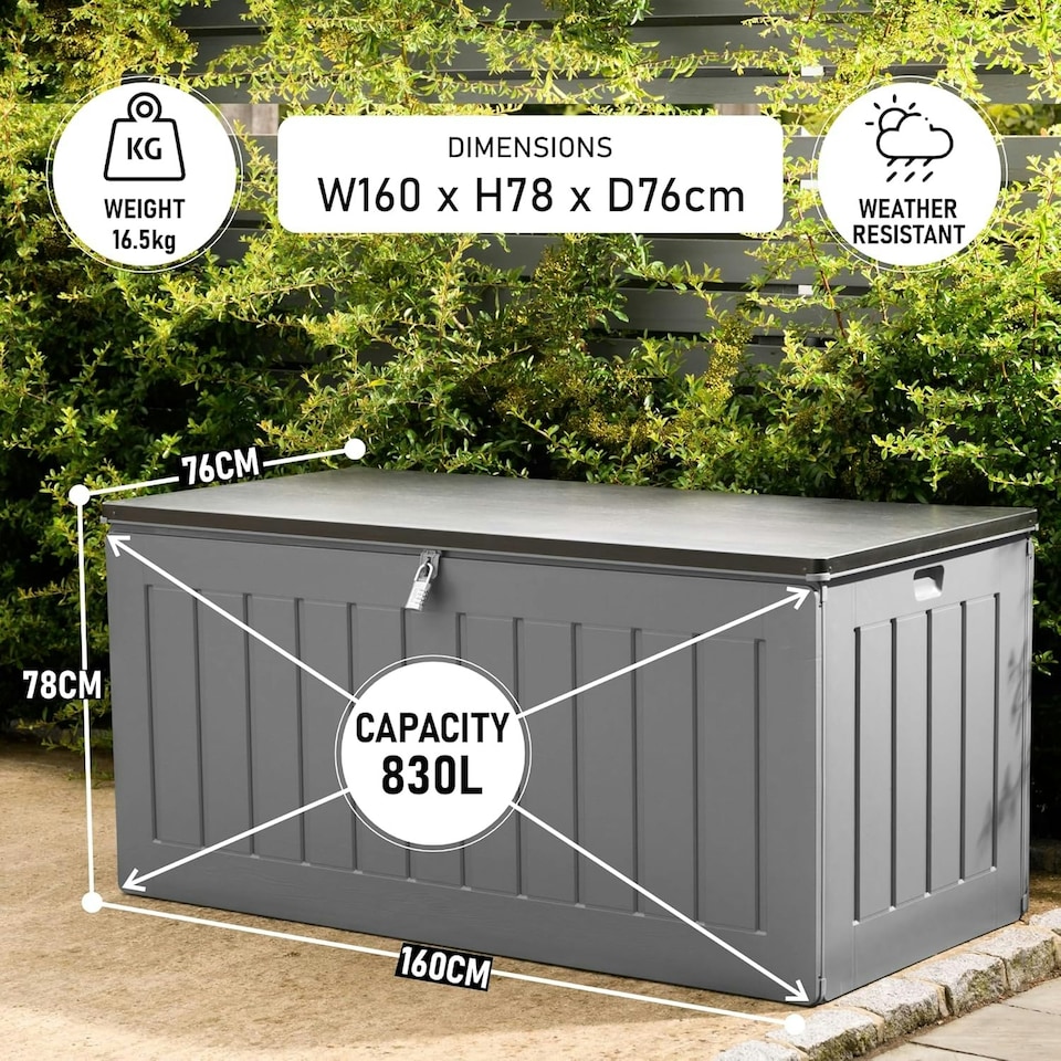 image 1 of Olsen & Smith 830L Extra Large Garden Storage Box - Weather Resistant Heavy Duty Wood Effect with Padlock Massive Capacity Storage Chest for Tools Toys & More Grey | Grey