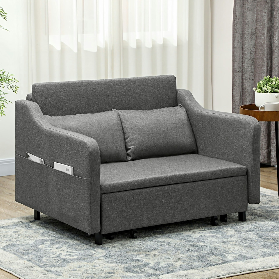 image 1 of HOMCOM Pull Out Sofa Bed, Fabric 2 Seater Sofa Couch for Living Room, Grey