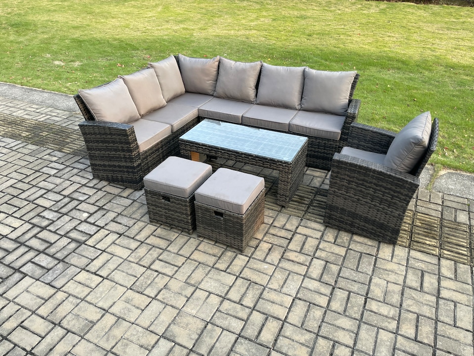 image 1 of Fimous 9 Seat Rattan Garden Furniture Corner Sofa Set Outdoor Patio Sofa Chair Table Set with 2 Small Footstools Dark Grey Mixed