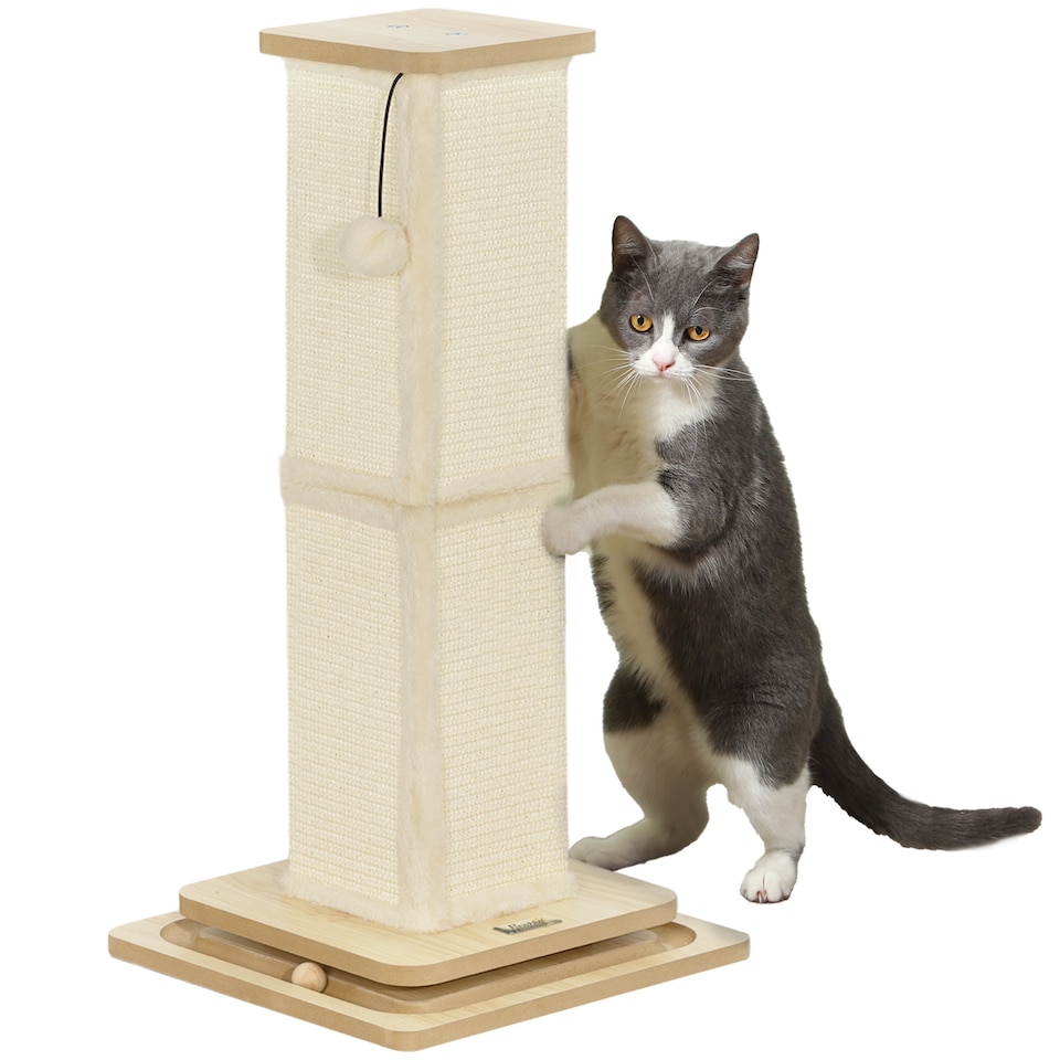 image 1 of PawHut 3-in-1 Cat Scratcher Post with Sisal Track Ball Toy, Light Oak