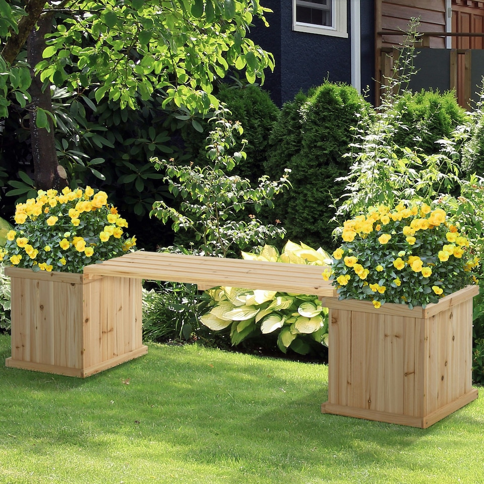 image 1 of Outsunny Wooden Garden Planter & Bench Combination Garden Raised Bed Natural