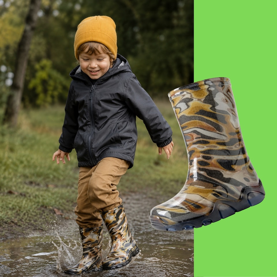 image 1 of Demar Stormer Reflective Kids' Wellies, Green Mosaic, EU 26/27