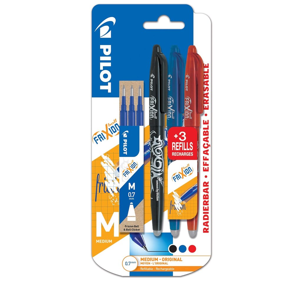 image 1 of Pilot Frixion Erasable Rollerball Pen Black, Blue, Red Pack of 3 + Refills