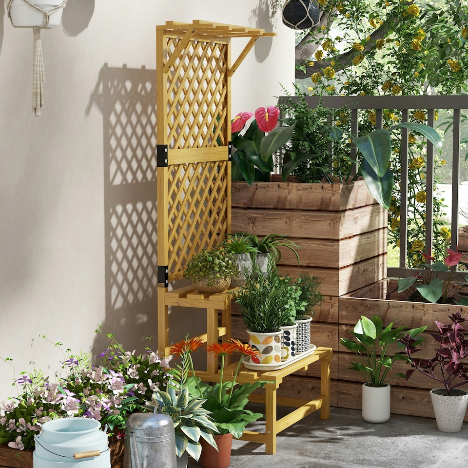 image 1 of Outsunny Wooden Plant Stand with Trellis for Climbing Plants, Yellow 