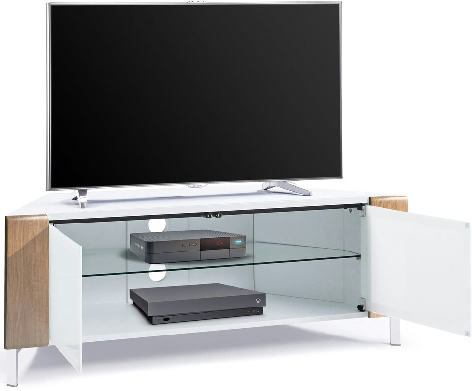 image 1 of MDA Designs CORVUS Corner-Friendly Gloss White Contemporary Cabinet with Oak Profiles White BeamThru Glass Doors Suitable for Flat Screen TVs up to 50" | Multi | 1