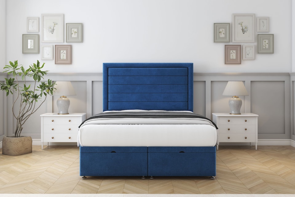 image 1 of Sloomy Ashford Navy Plush Ottoman Bed With Mattress With 26" Strutted Headboard 4'6 Double