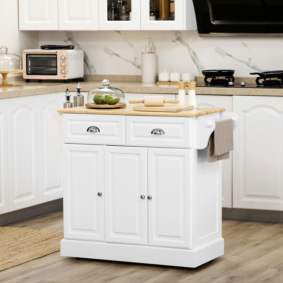 image 1 of HOMCOM Kitchen Island with Adjustable Shelf Storage Drawers and Cabinets White