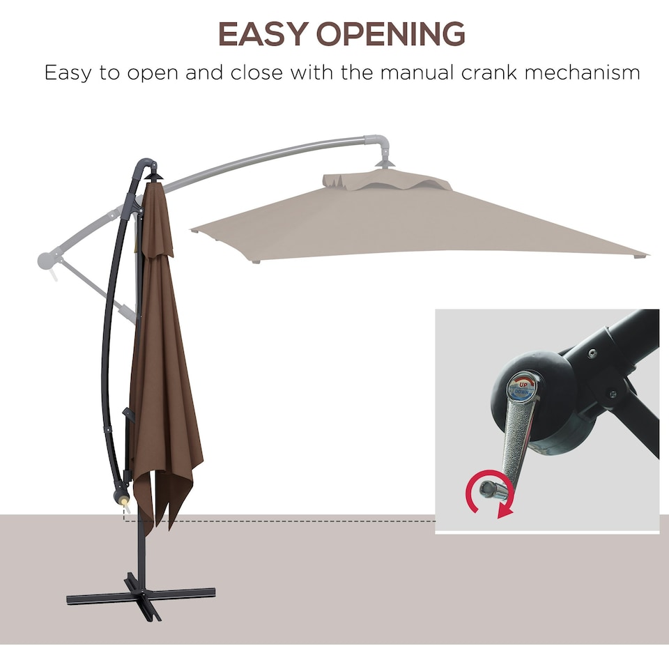 image 1 of Outsunny 3 m Cantilever Parasol with Cross Base, Crank Handle, 6 Ribs, Brown