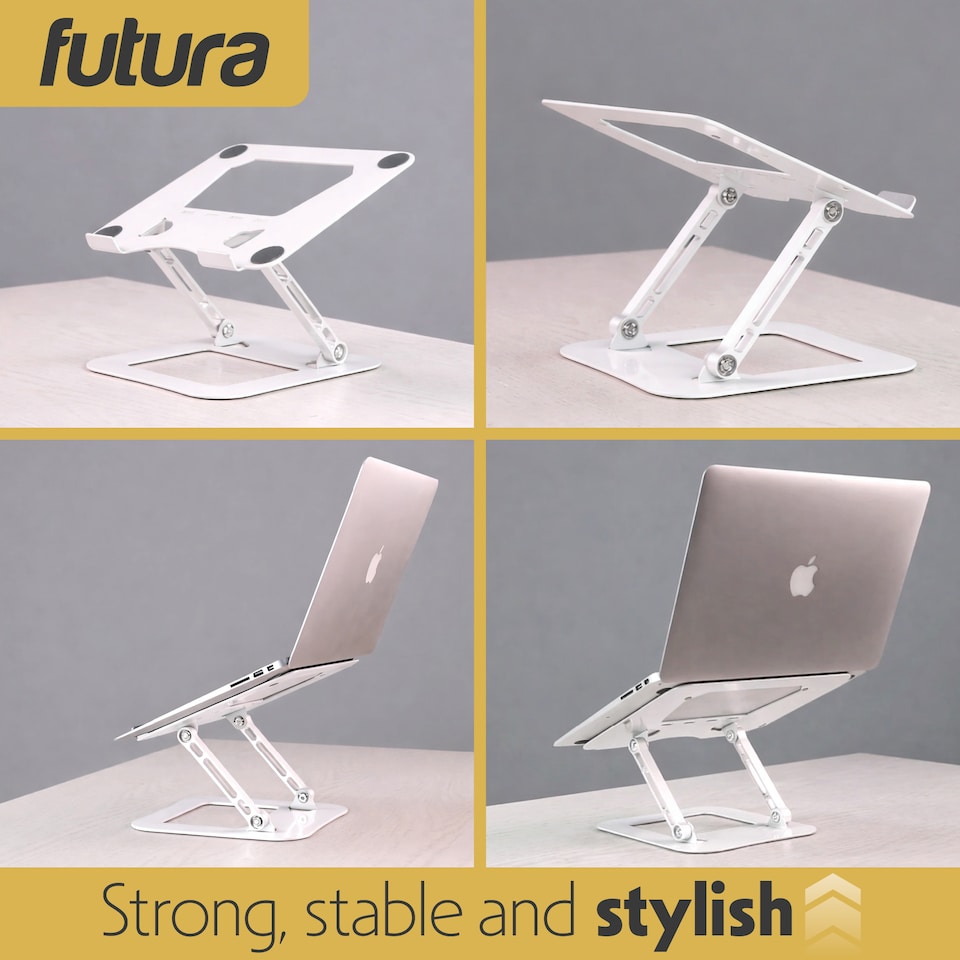 image 1 of Futura Laptop Stand Adjustable Portable Riser, White Foldable Aluminium Holder for MacBook AirPro and 11 to 17 inch Laptops | White | White | One Size | 1