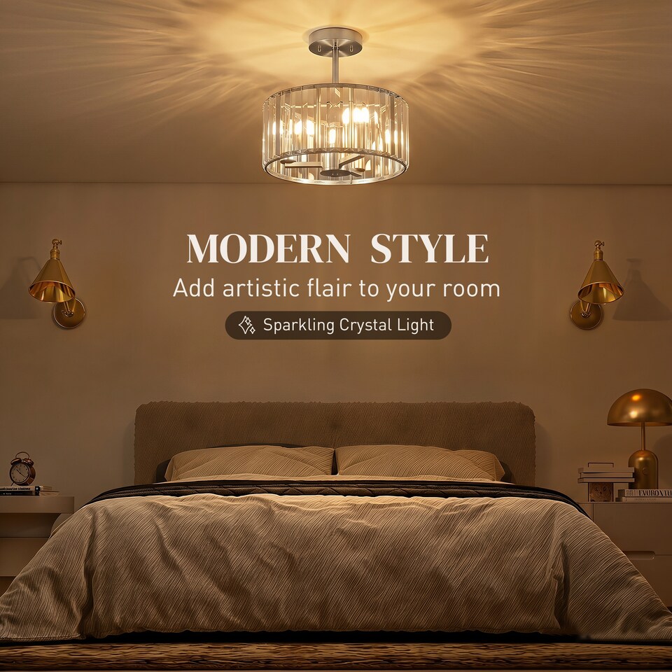 image 1 of HOMCOM Semi Flush Mount Modern Crystal Chandelier Ceiling Light