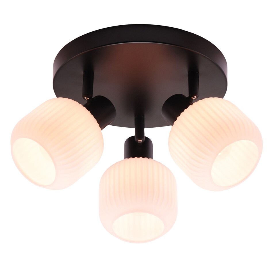 image 1 of Modern Designer Matte Black Spot Ceiling Light with White Ribbed Glass Shades