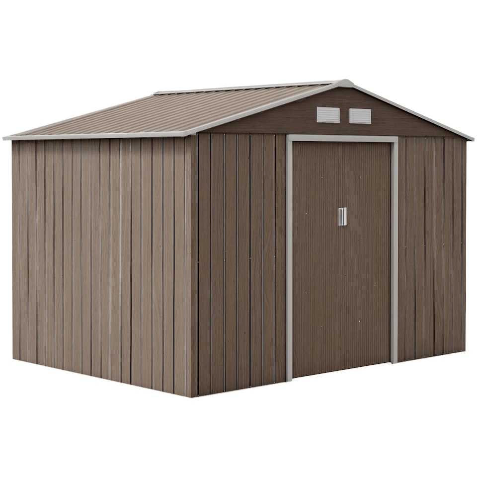image 1 of Outsunny 9 x 6ft Metal Garden Shed, Outdoor Storage Tool House with Ventilation Slots, Foundation Kit and Lockable Double Doors, Light Brown