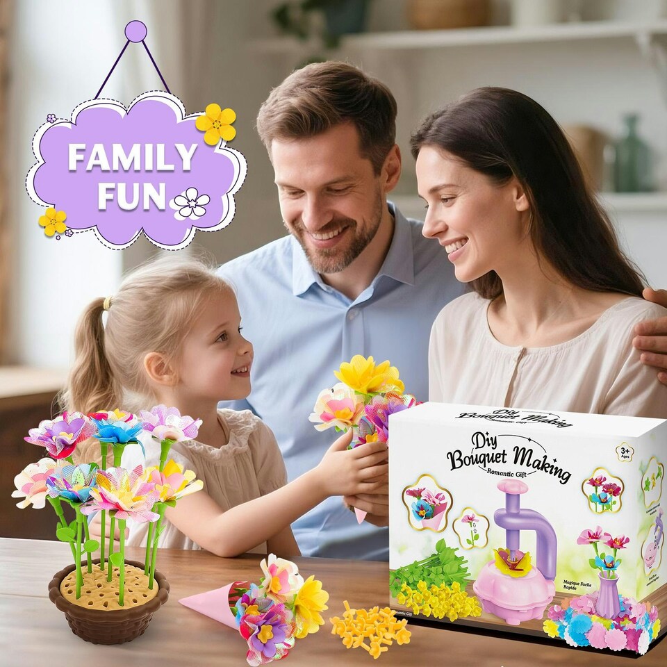 image 1 of DIY Flower Bouquet Craft Kit for Kids – Decorate with Press Machine, Colorful Petals, Basket & Vase
