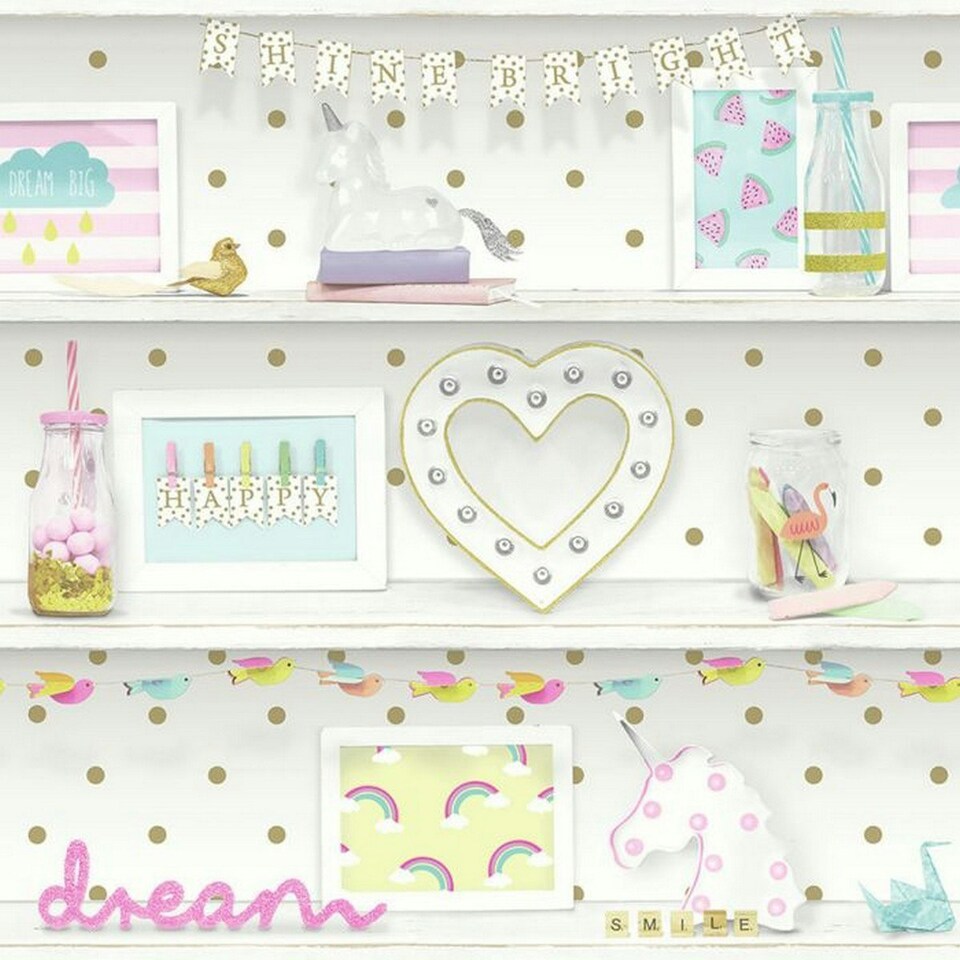 image 1 of Arthouse Girls Life Bookshelf Wallpaper - White/Gold/Pink - 10m x 53cm | White