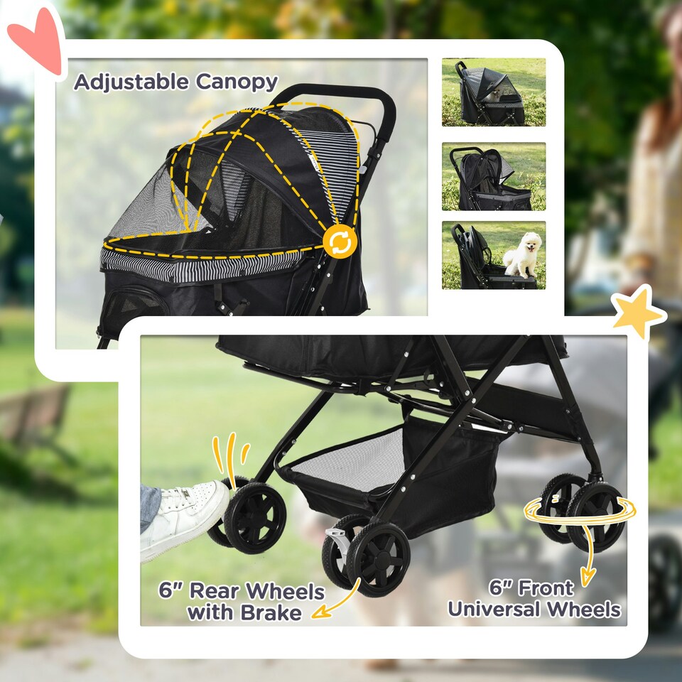 image 1 of PawHut Pet Stroller Dog Foldable Travel Carriage with Reversible Handle, Black