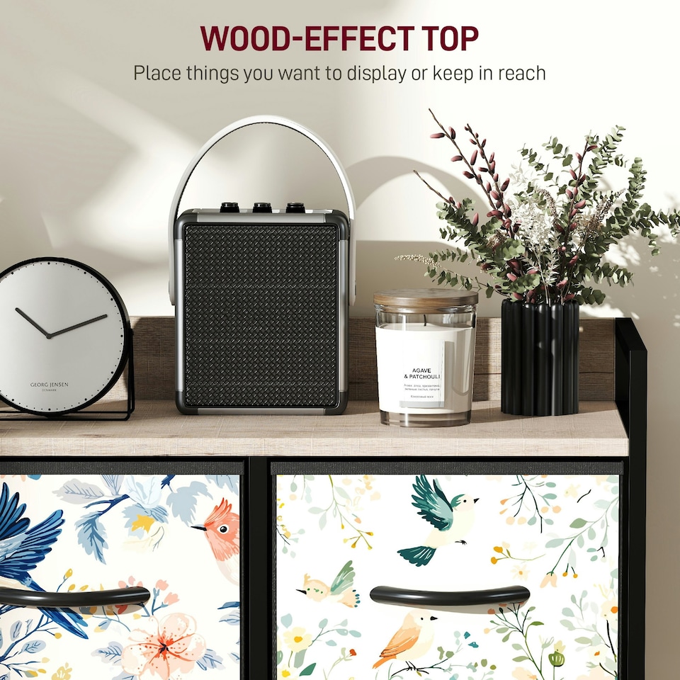 image 1 of HOMCOM 5-Drawer Chest of Drawers, Fabric Dresser, White | White | Black, Floral Pattern | One Size | 1