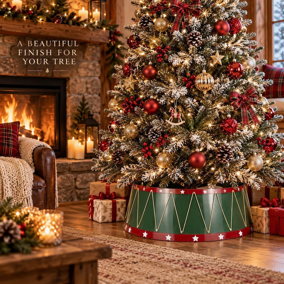 image 1 of 25.6 Inch Drum Style Christmas Tree Collar, Foldable Tree Base Cover with Mirror Finish