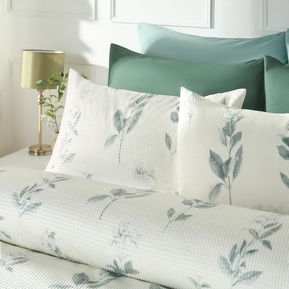 image 1 of OHS Botanics Embossed Bedding Set Waffle Duvet Cover with Pillowcase | Green | Super King