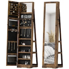 HOMCOM 360  Swivel Jewellery Cabinet, Free Standing Full Length Mirror with Storage, Lockable Jewellery Organiser with Built-in Makeup Mirror and Storage Shelves for Bedroom, Rustic Brown | Brown | Rustic Brown