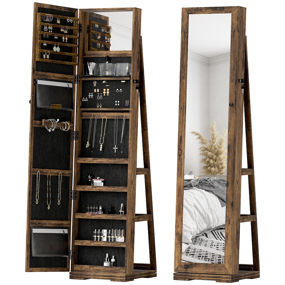 image 1 of HOMCOM 360  Swivel Jewellery Cabinet, Free Standing Full Length Mirror with Storage, Lockable Jewellery Organiser with Built-in Makeup Mirror and Storage Shelves for Bedroom, Rustic Brown | Brown | Rustic Brown