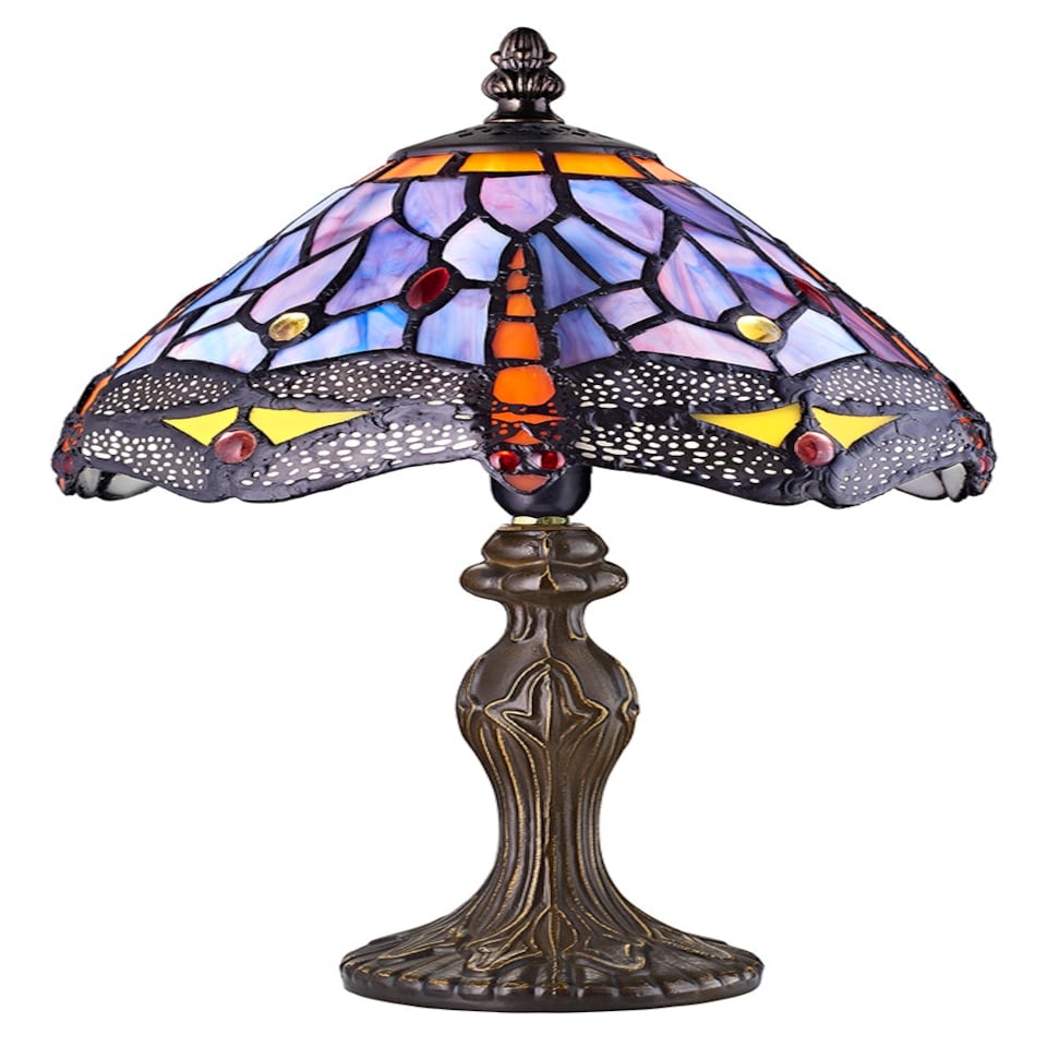image 1 of Hand Crafted Purple Stained Glass Dragonfly Tiffany Lamp