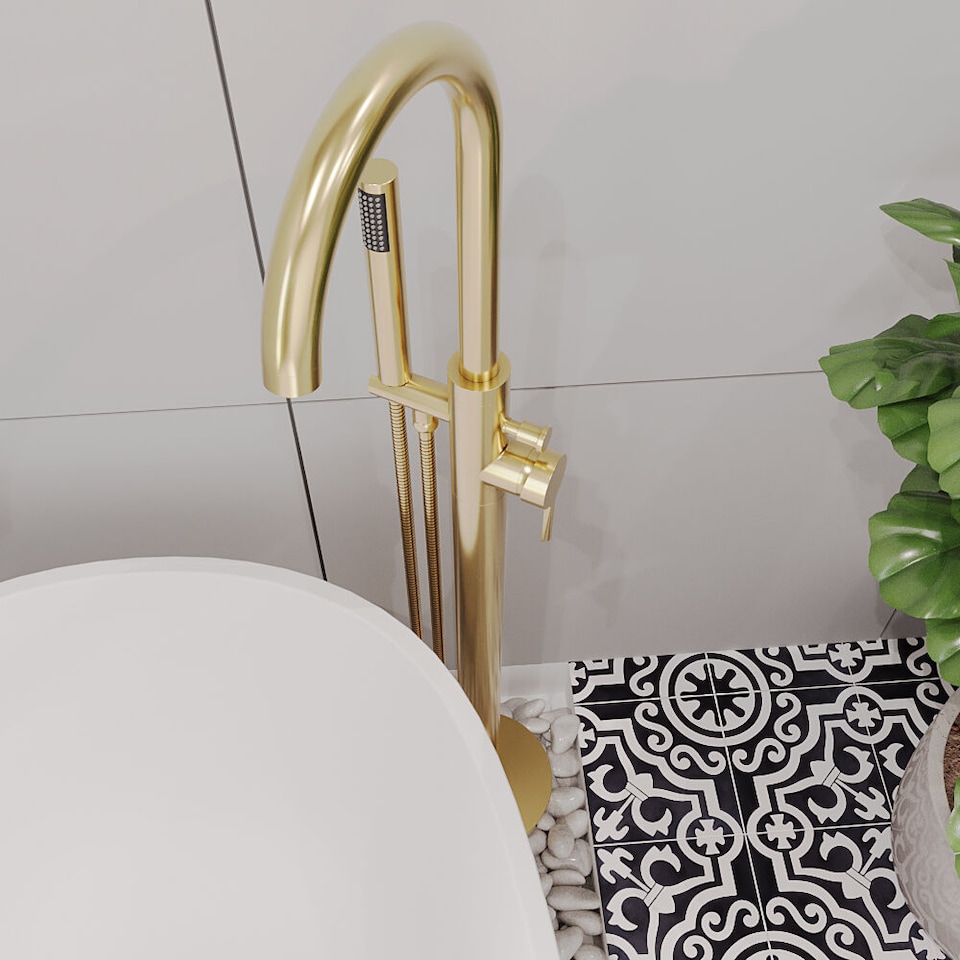 image 1 of Balterley Connect Floor Standing Bath Shower Mixer Tap with High Curved Spout & Shower Kit | Copper | Brushed Brass | 1
