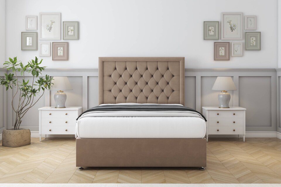 image 1 of Sloomy Montana Mink Plush Divan Bed Base 2 Drawers Foot-End With 54 Inch Floor Standing Headboard | Brown | Mink | King | 1